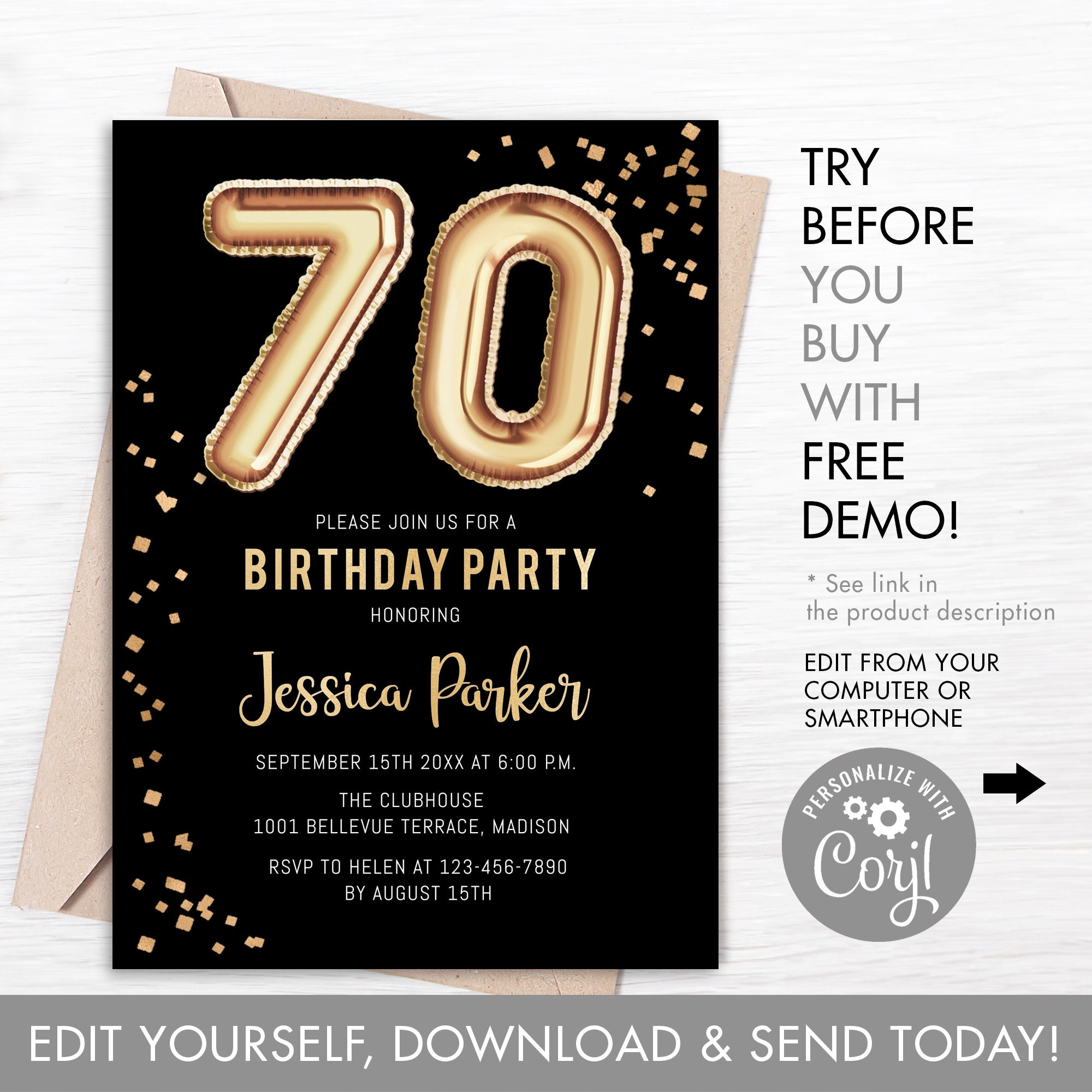 70th Birthday Party Invitation INSTANT DOWNLOAD Digital Etsy