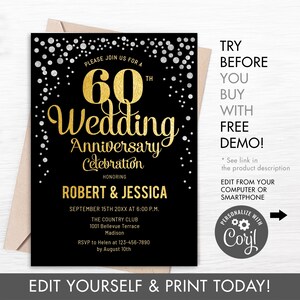 Invitation à la fête du 60e anniversaire de mariage - TÉLÉCHARGEMENT INSTANTANÉ du modèle numérique. TOUTE année de mariage. Glitter Gold Foil Noir