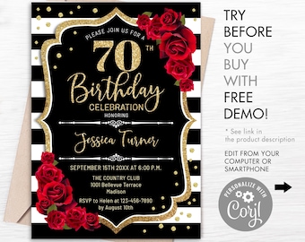70th Birthday Invitation - INSTANT DOWNLOAD Digital Template. ANY age. Black White Stripes. Glitter Gold Red Roses. Floral Birthday Invite