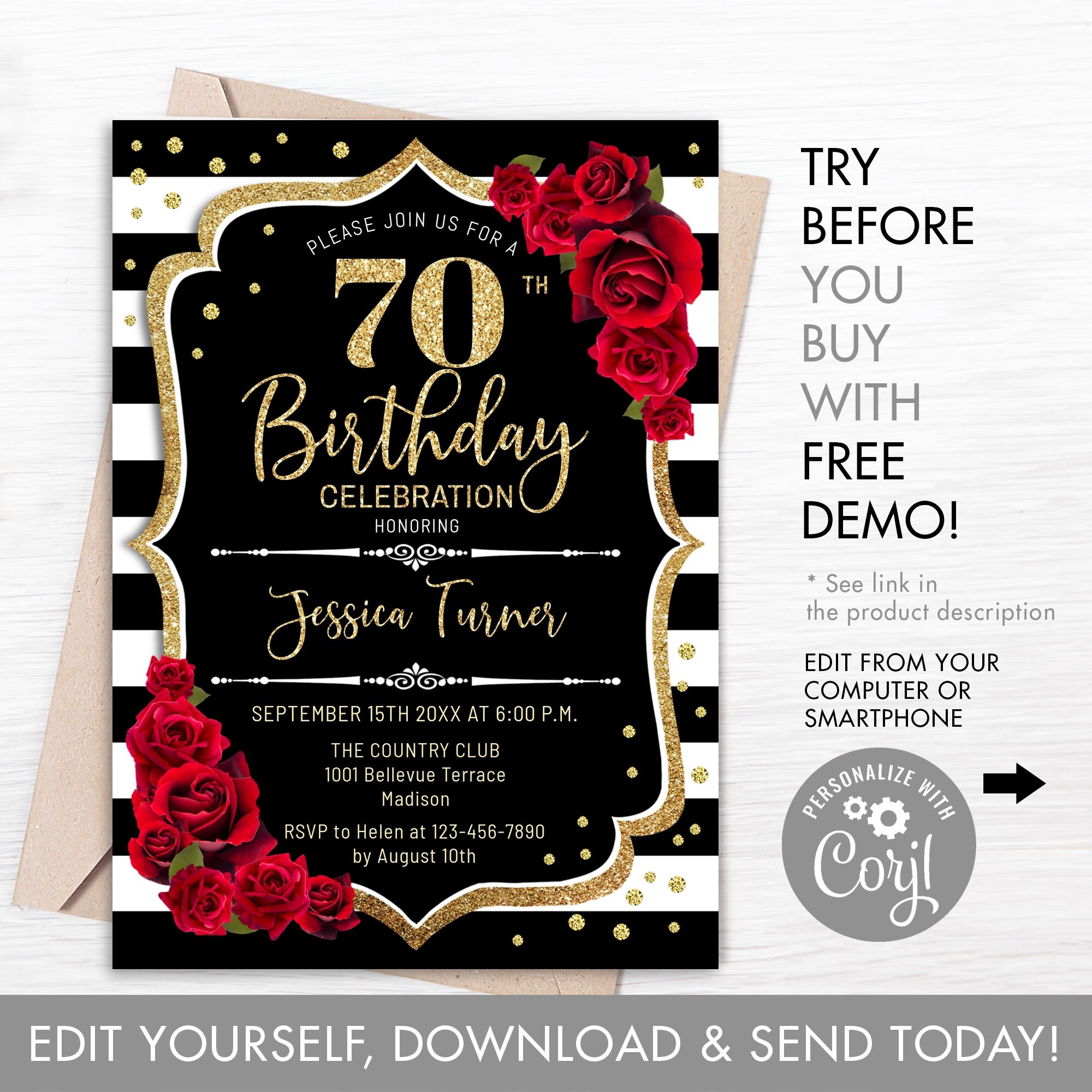 70th Birthday Invitation Template 70th Birthday Invite Black 