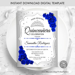 Quinceanera Invitation - INSTANT DOWNLOAD Digital Template. Glitter Silver Royal Blue Roses. Floral Birthday Invite