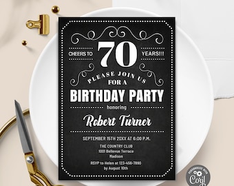 70th Birthday Invitation: Chalkboard Design (Digital Template)