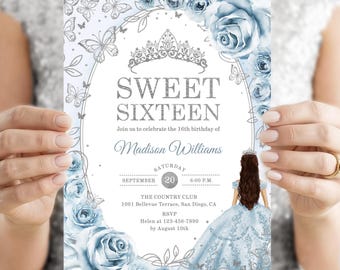 May include: A Sweet Sixteen birthday invitation card featuring a silver tiara, blue watercolor roses, and silver butterflies. The text reads: SWEET SIXTEEN, Join us to celebrate the 16th birthday of Madison Williams, Saturday September 20, 6:00 P.M.
