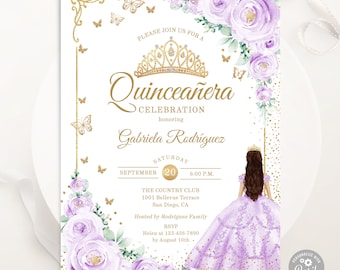 Purple Floral Quinceañera Invitation, Gold Butterflies, Printable Invitation, Editable Template