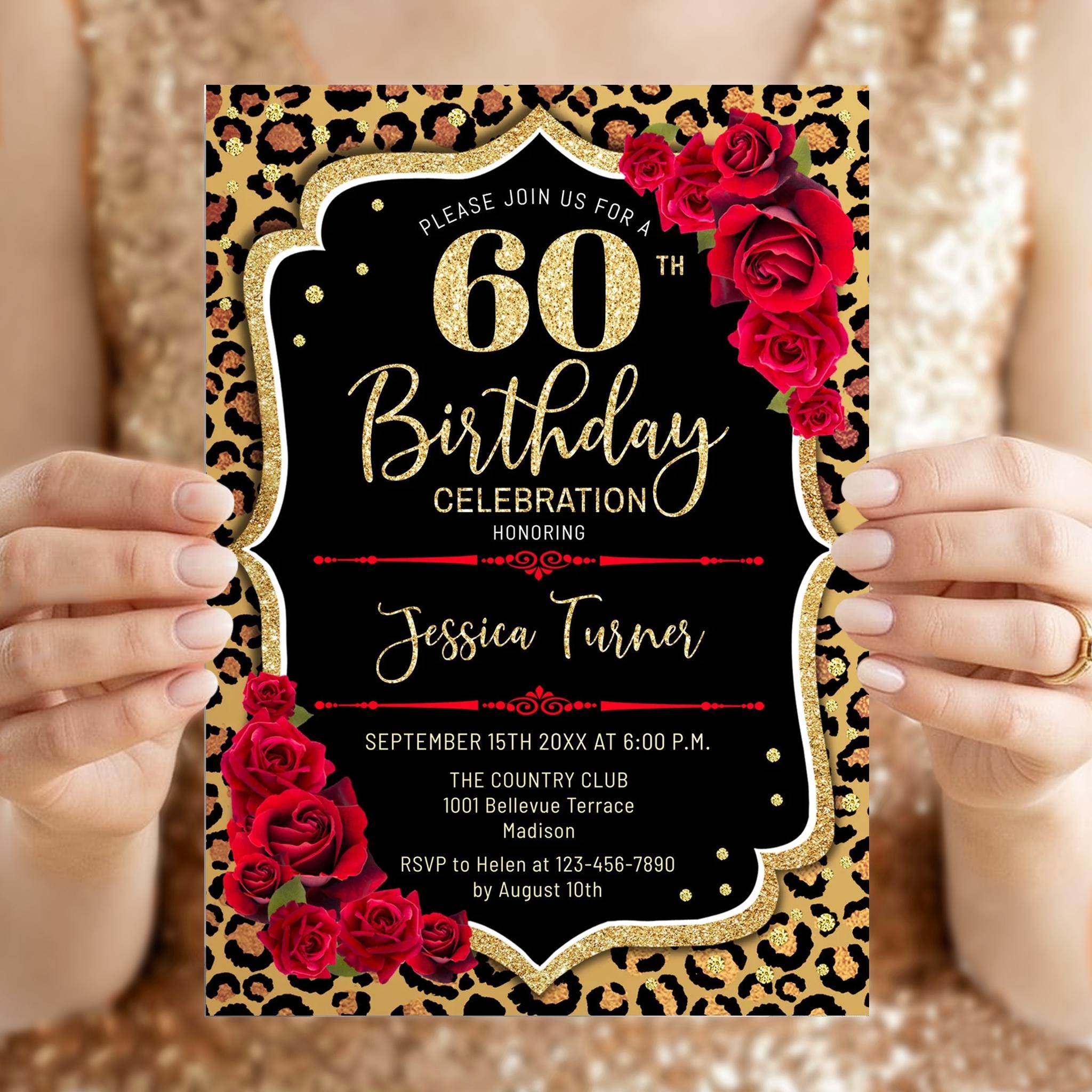 Leopard Print Birthday Invitation: Gold Glitter, Red Roses