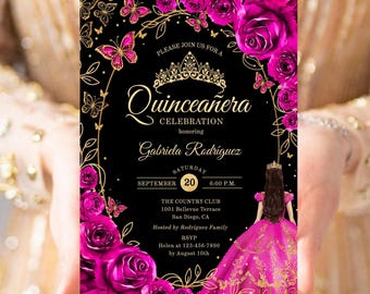 May include: A black Quinceañera invitation with gold accents, featuring a crown, butterflies, and pink roses. The invitation includes the name Gabriela Rodríguez, date, time, and RSVP information.