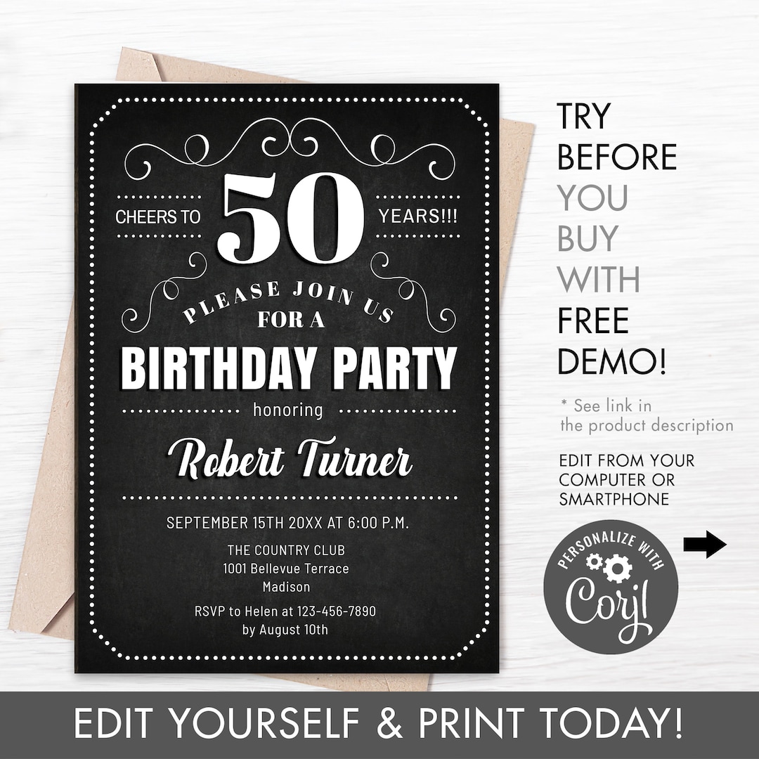 50th Birthday Party Invitation INSTANT DOWNLOAD Digital Template. ANY