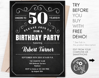 50th Birthday Invitation: Chalkboard Template (Digital Download)