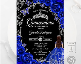 Royal Blue Silver Floral  Quinceañera Invitation, Roses Butterflies, Princess Dress, Printable Digital Template