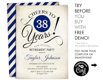 Uitnodiging voor feest met pensioen: elk jaar. DIRECTE DOWNLOAD digitale sjabloon. Retro marineblauw wit