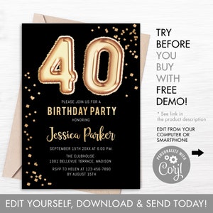 40th Birthday Party Invitation - INSTANT DOWNLOAD Digital Template. Black Gold Balloons. Adult Birthday Invite