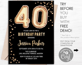 40th Birthday Party Invitation - INSTANT DOWNLOAD Digital Template. Black Gold Balloons. Adult Birthday Invite