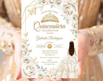 May include: A Quinceañera invitation card featuring a gold tiara, butterflies, and floral accents. The invitation includes the name Gabriela Rodríguez, event details, and RSVP information. The design is predominantly white and gold.