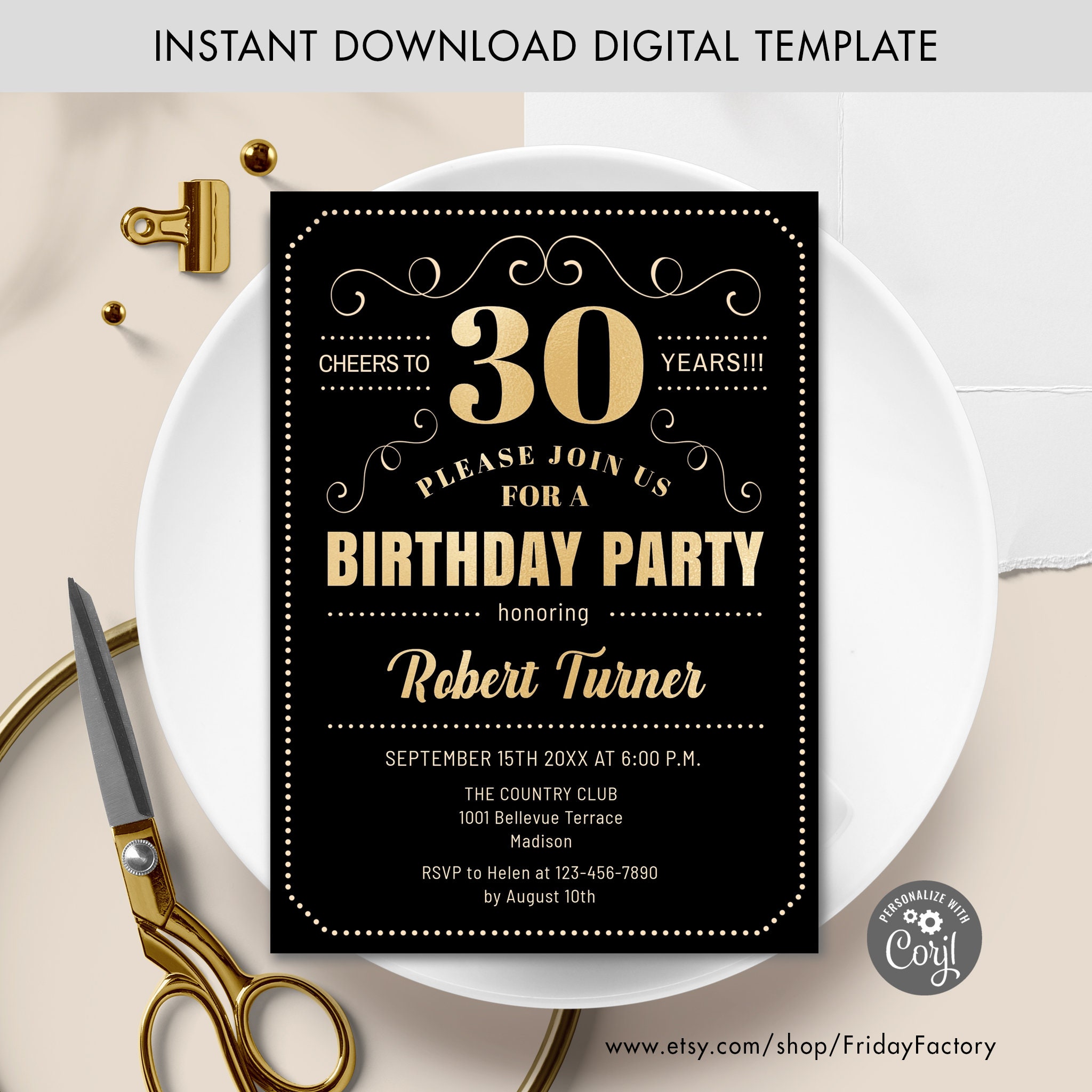 30th Birthday Party Invitation - INSTANT DOWNLOAD Digital