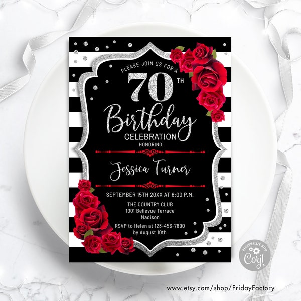 70th Birthday Invitation - INSTANT DOWNLOAD Digital Template. ANY age. Black White Stripes. Glitter Silver Red Roses. Floral Birthday Invite