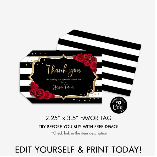 Favor Tags - INSTANT DOWNLOAD Digital Template. Black White Stripes Gold Red Roses. Printable