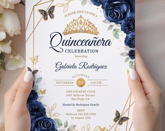 Bloemenuitnodiging quinceañera: marineblauw, goud en aquarelrozen (BEWERKBARE SJABLOON)