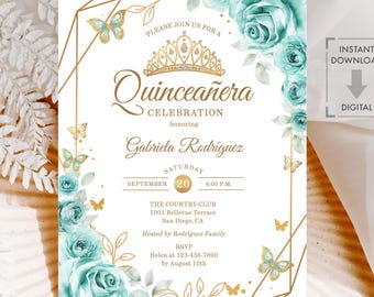 May include: A Quinceañera invitation with a gold geometric frame, teal roses, and butterflies. The invitation includes the text "Quinceañera Celebration" and event details for Gabriela Rodríguez, including the date, time, and location.