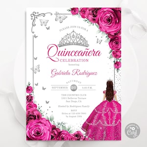 May include: A Quinceañera invitation featuring a magenta dress illustration, a silver tiara, and floral accents. The invitation includes the text "Quinceañera Celebration" and event details, with a white background and decorative butterflies.