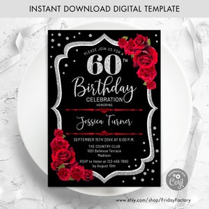 60e verjaardagsuitnodiging - INSTANT DOWNLOAD digitale sjabloon. Elke leeftijd. Zwart glitter zilver rode rozen. Elegante verjaardagsuitnodiging