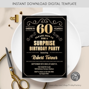 Invitation surprise à la fête du 60e anniversaire - TÉLÉCHARGEMENT INSTANTANÉ Modèle numérique. Tout âge. Or Noir. Bravo à 60 ans