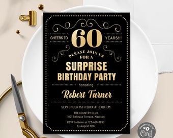 Surprise 60th Birthday Party Invitation - INSTANT DOWNLOAD Digital Template. ANY Age. Gold Black. Cheers to 60 Years