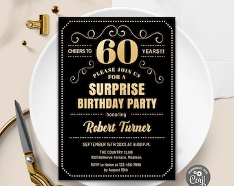 Surprise 60e verjaardagsuitnodiging, goud en zwart (digitale sjabloon)