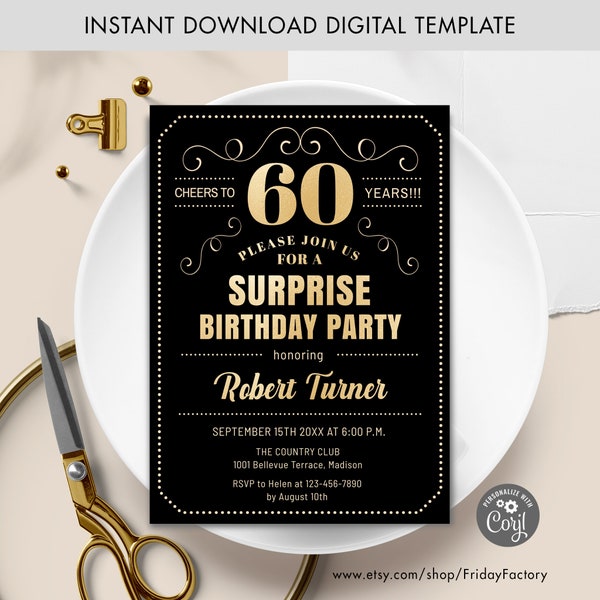 Surprise 60th Birthday Party Invitation - INSTANT DOWNLOAD Digital Template. ANY Age. Gold Black. Cheers to 60 Years