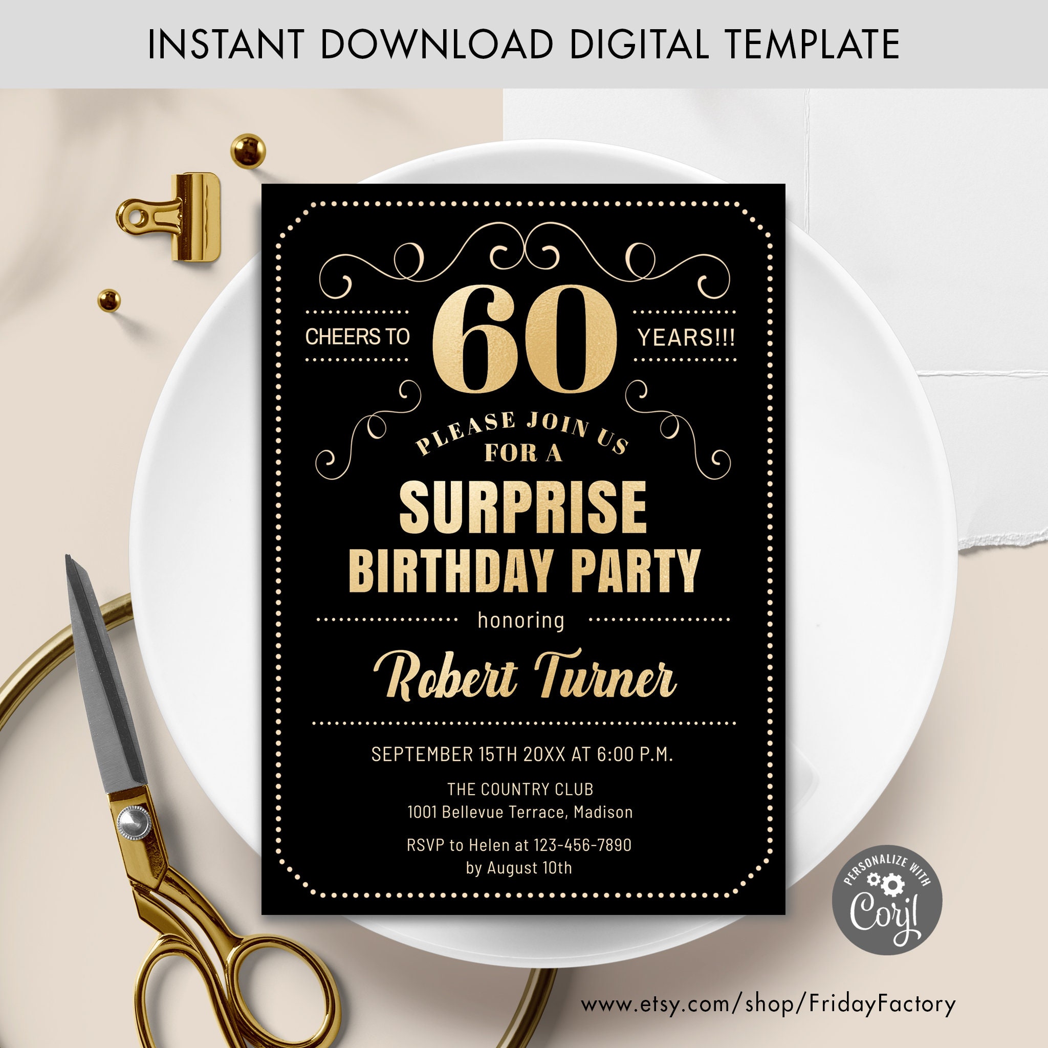 Surprise 60th Birthday Invitation, Gold & Black (digital Template