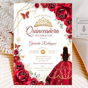 May include: A Quinceañera invitation with a gold geometric frame, red roses, and butterflies. The invitation features the text "Quinceañera Celebration" and details for the event, including the name Gabriela Rodríguez, date, time, and location.
