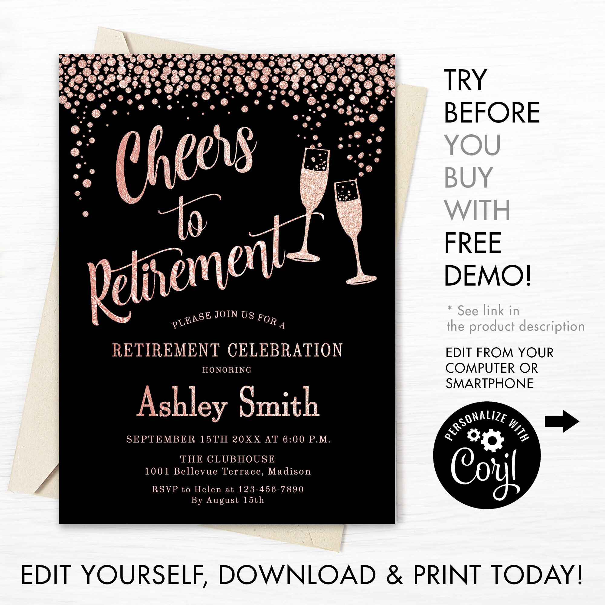 Retirement Party Invitation INSTANT DOWNLOAD Digital Template. Glitter Rose Gold Black. Cheers To. Champagne. Editable Printable Invite - Etsy retirement-party-invitation-instant-download-digital-template-glitter-rose-gold-black-cheers-to-champagne-editable-printable-invite-etsy