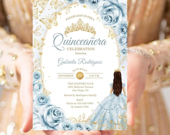 Baby Blue Floral Quinceañera Invitation, Roses, Gold Butterflies (Digital Template)