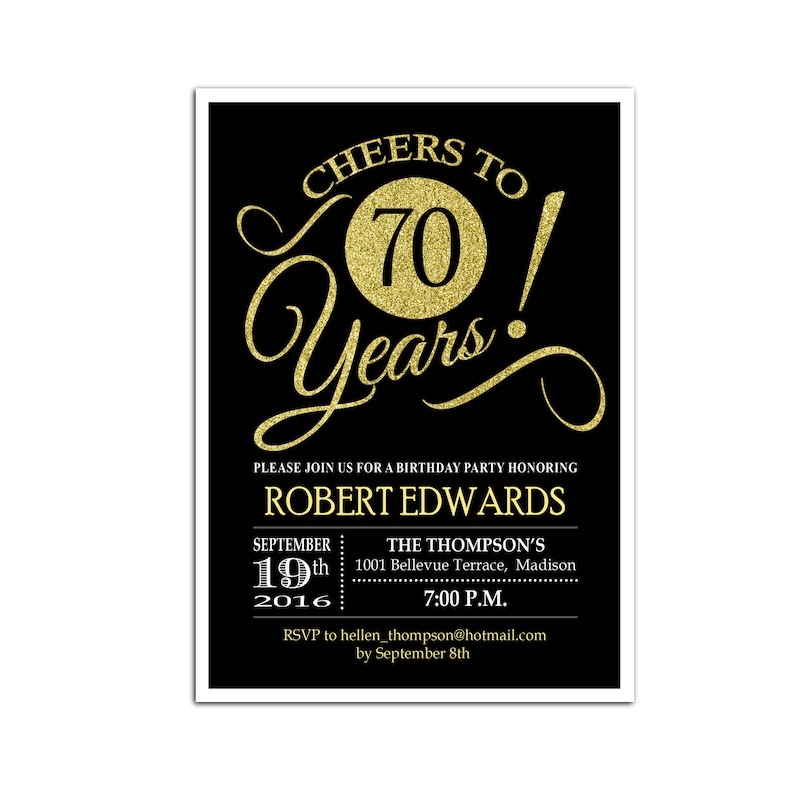 70th Birthday Invitation Any Age Cheers To 70 Years Glitter Etsy 