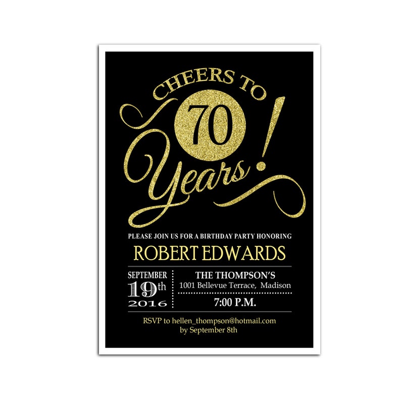 70th Birthday Invitation. Any Age. Cheers to 70 Years. Glitter | Etsy