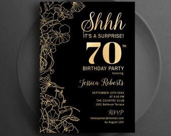 Surprise 70th Birthday Invitation, Black Gold Floral Printable Invitation, Instant Download Digital Template