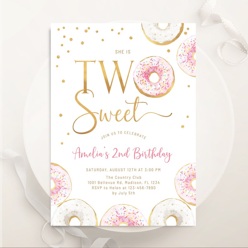 Two Sweet Donut 2nd Birthday Invitation: Boho Pink & Gold (digital ...