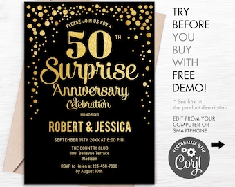 50th Surprise Wedding Anniversary Party Invitation - INSTANT DOWNLOAD Digital Template. ANY Year of Marriage. Glitter Gold Foil Black