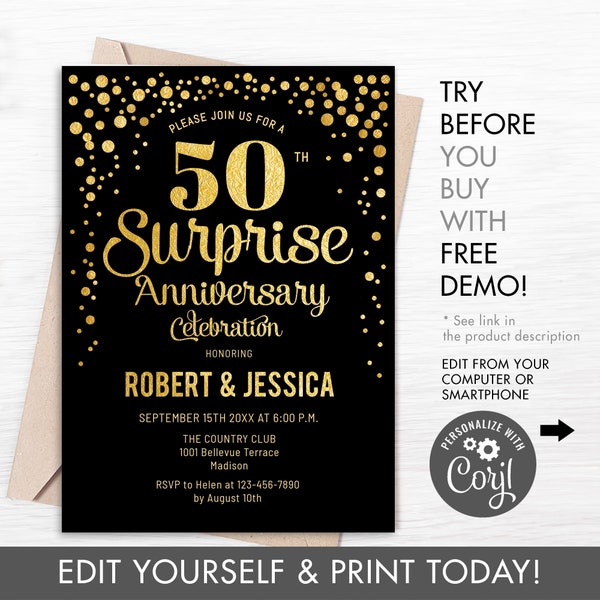 50th Surprise Wedding Anniversary Party Invitation - INSTANT DOWNLOAD Digital Template. ANY Year of Marriage. Glitter Gold Foil Black