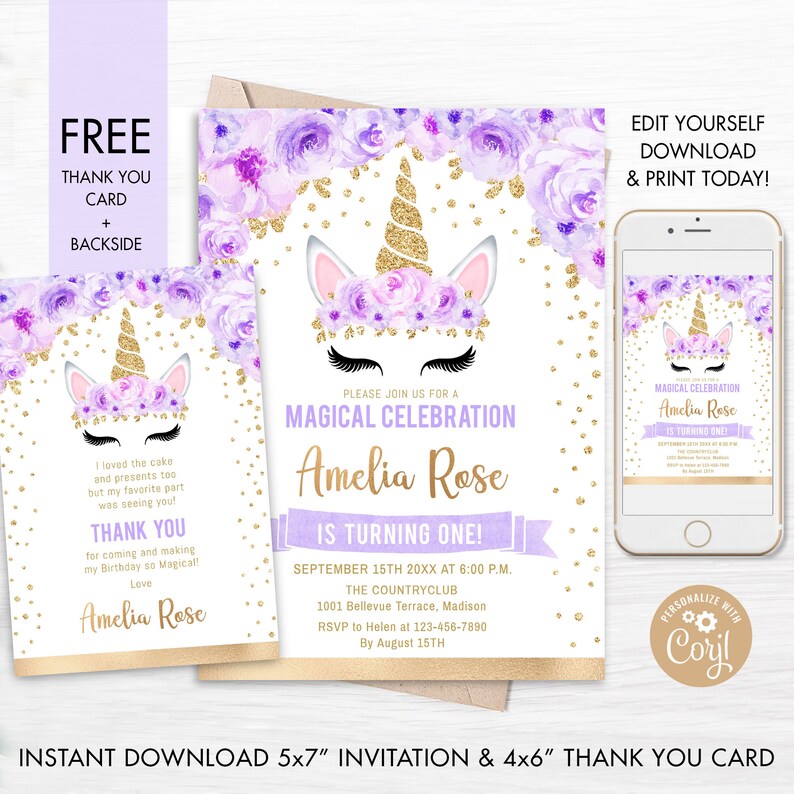 Unicorn 1st Birthday Invitation INSTANT DOWNLOAD Digital | Etsy