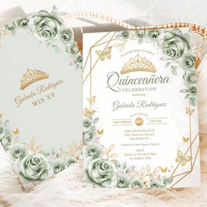 Sage Green Gold Floral Quinceañera Invitation, EDITABLE TEMPLATE, Watercolor Roses Butterflies, Mis Quince Anos, 15th Birthday Invite