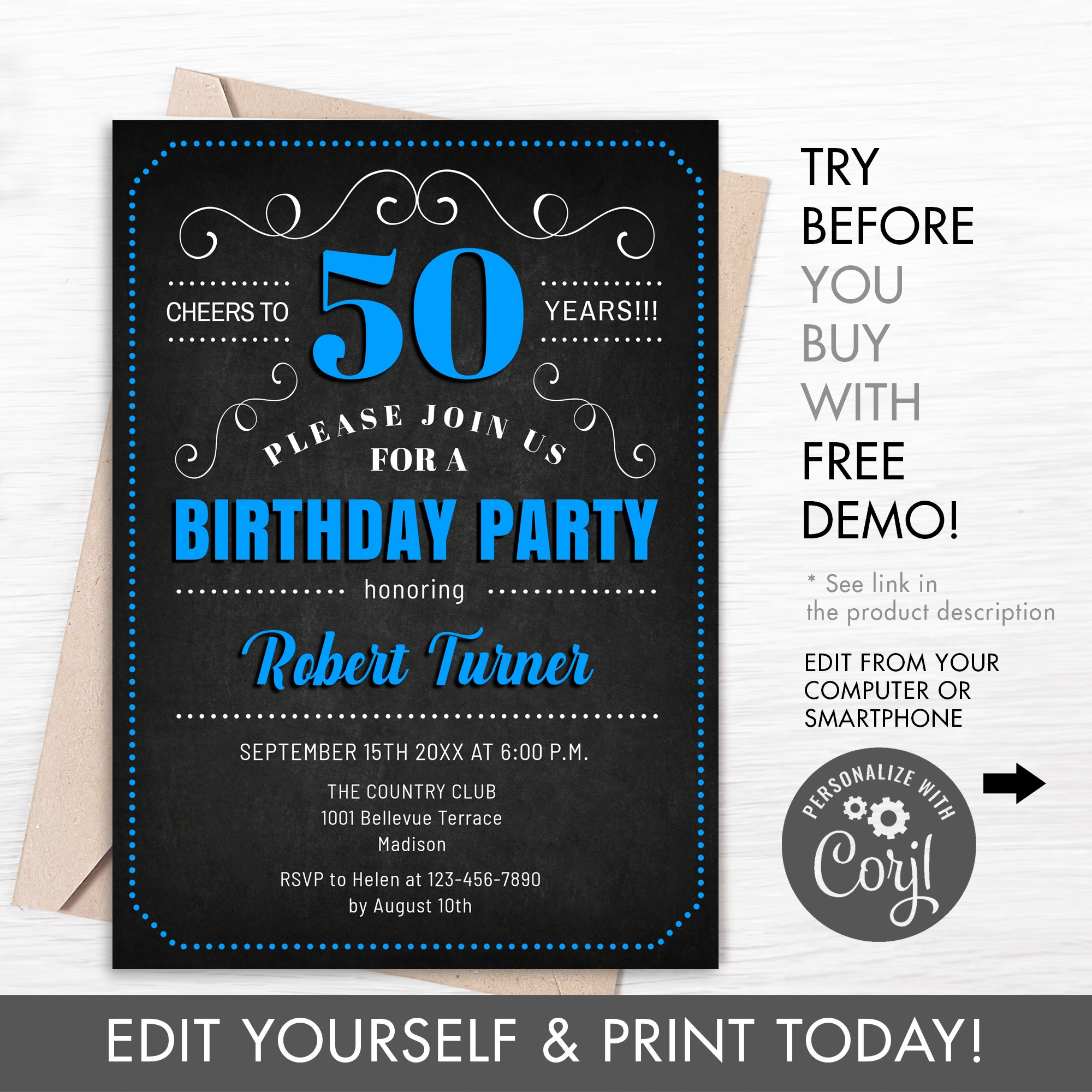 RLCNOT Juego De 20 Tarjetas De Invitaciones De Cumpleaños Número 50 Con  Sobres, Invitaciones Clásicas De, image size:2000x2000