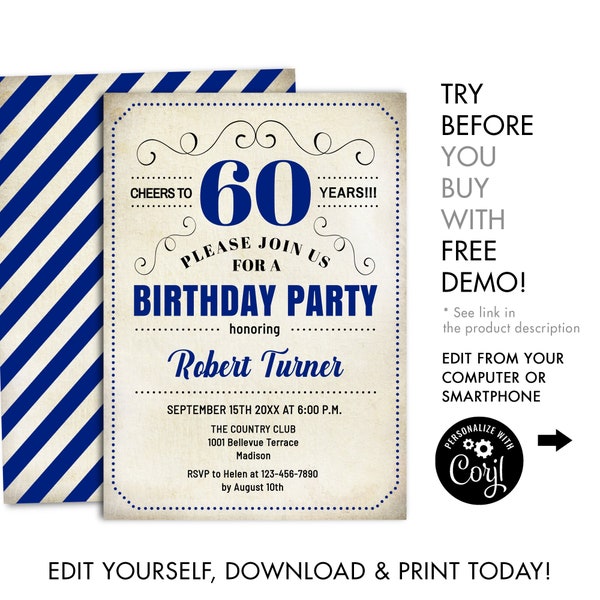 60th Birthday Party Invitation - INSTANT DOWNLOAD Digital Template. ANY Age. Navy Black White. Cheers to 60 Years