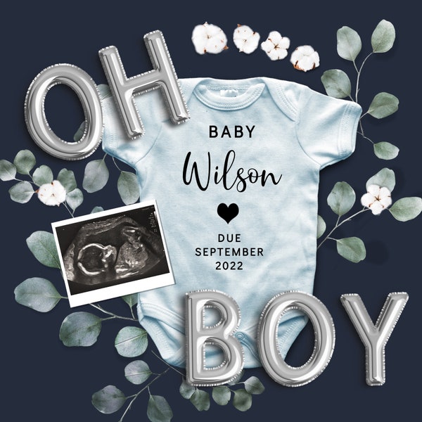 Digital Pregnancy Announcement For Social Media. It's a Boy Gender Reveal. Pregnant Announcement. Silver Navy Blue