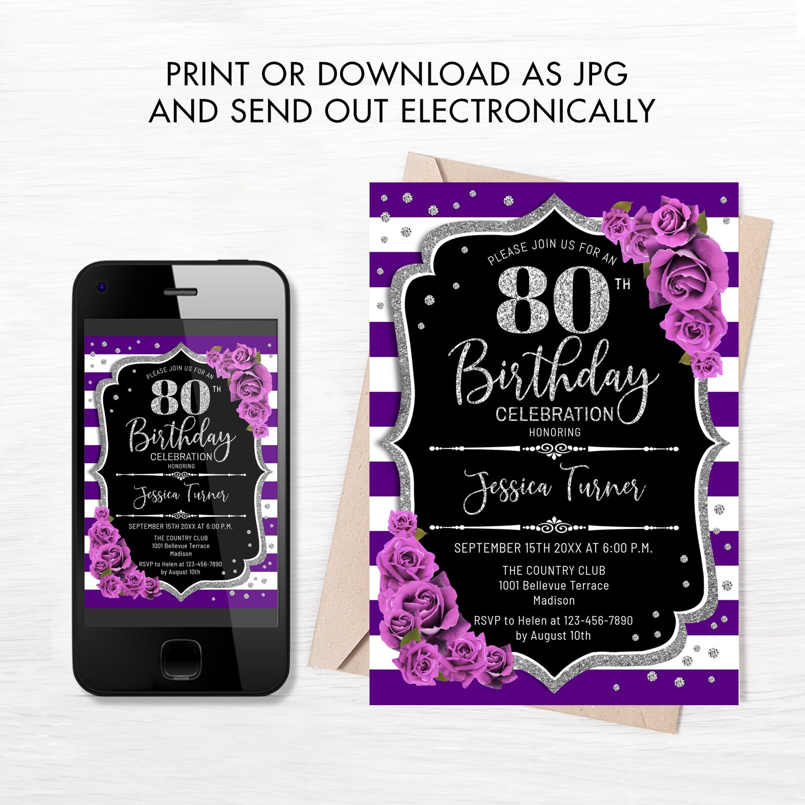 80th Birthday Invitation INSTANT DOWNLOAD Digital Template. - Etsy