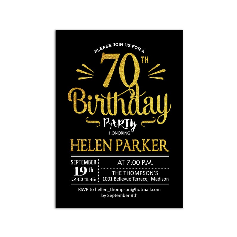 Surprise 70th Birthday Invitation / ANY AGE / Gold Black / | Etsy
