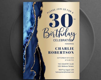30th Birthday Invitation, Gold & Navy Blue Agate Marble, Any Age (Digital Template)