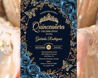 Marineblauwgouden uitnodiging quinceañera, bloemenrozen, vlinders, afdrukbare uitnodiging, digitale sjabloon