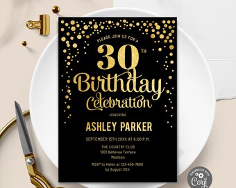 Digital Template 30th Birthday Invitation - INSTANT DOWNLOAD Editable DIY. Any Age. Glitter Gold Foil Black. Adult Birthday Invite