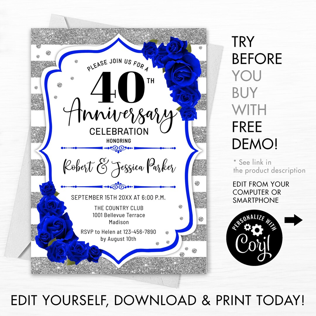40th Wedding Anniversary Invitation - INSTANT DOWNLOAD Digital Template ...