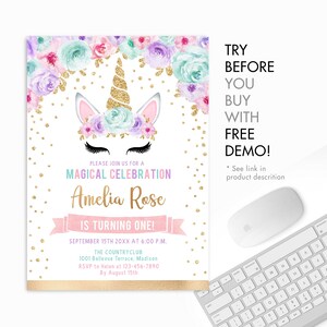 Editable Unicorn 1st Birthday Invitation - INSTANT DOWNLOAD Digital ...
